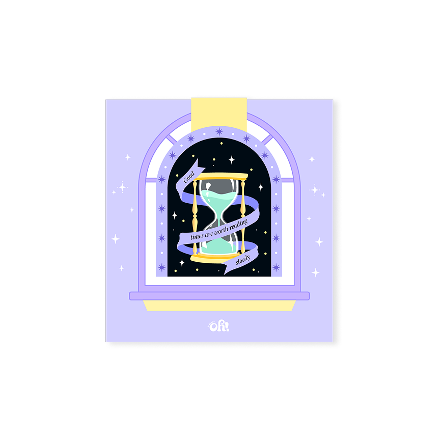 Good Times hourglass sparkly magnetic bookmark with celestial window and star details