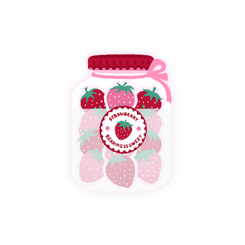 Strawberry Jar Bookmark Set with three removable strawberry bookmarks, a pink bow, and a Reading is Sweet badge