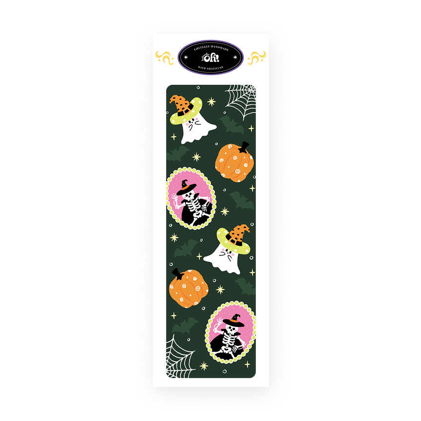 Trick or Read Halloween classic bookmark cover with ghosts, pumpkins and skeletons
