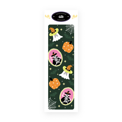 Trick or Read Halloween classic bookmark cover with ghosts, pumpkins and skeletons