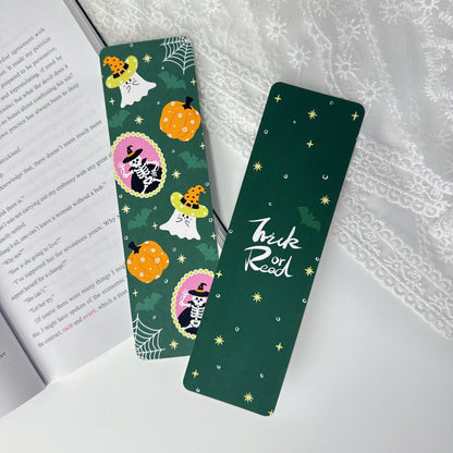 Trick or Read double-sided Halloween classic bookmark showing the illustrated front and quote back