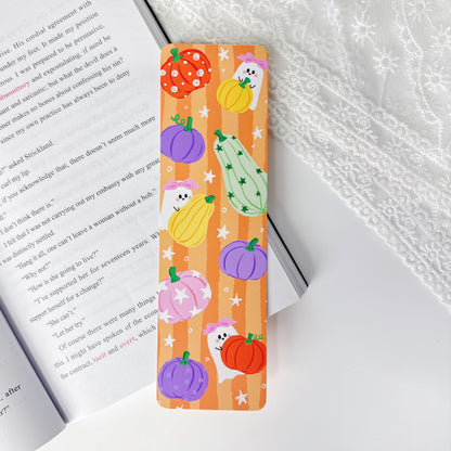 Spooky Season Cozy Pages classic bookmark with colorful pumpkins and ghosts on orange stripes