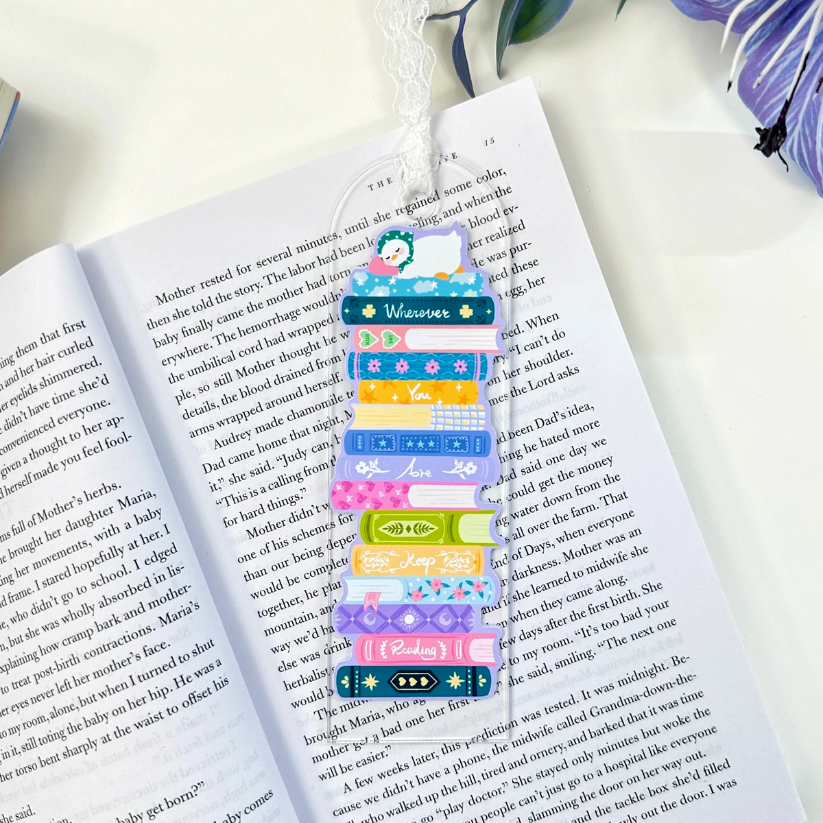 Wherever You Are acrylic book stack bookmark with duck illustration and white lace tie on an open book