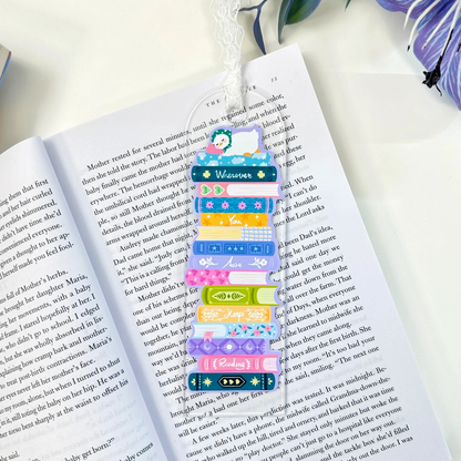 Wherever You Are acrylic book stack bookmark with duck illustration and white lace tie on an open book