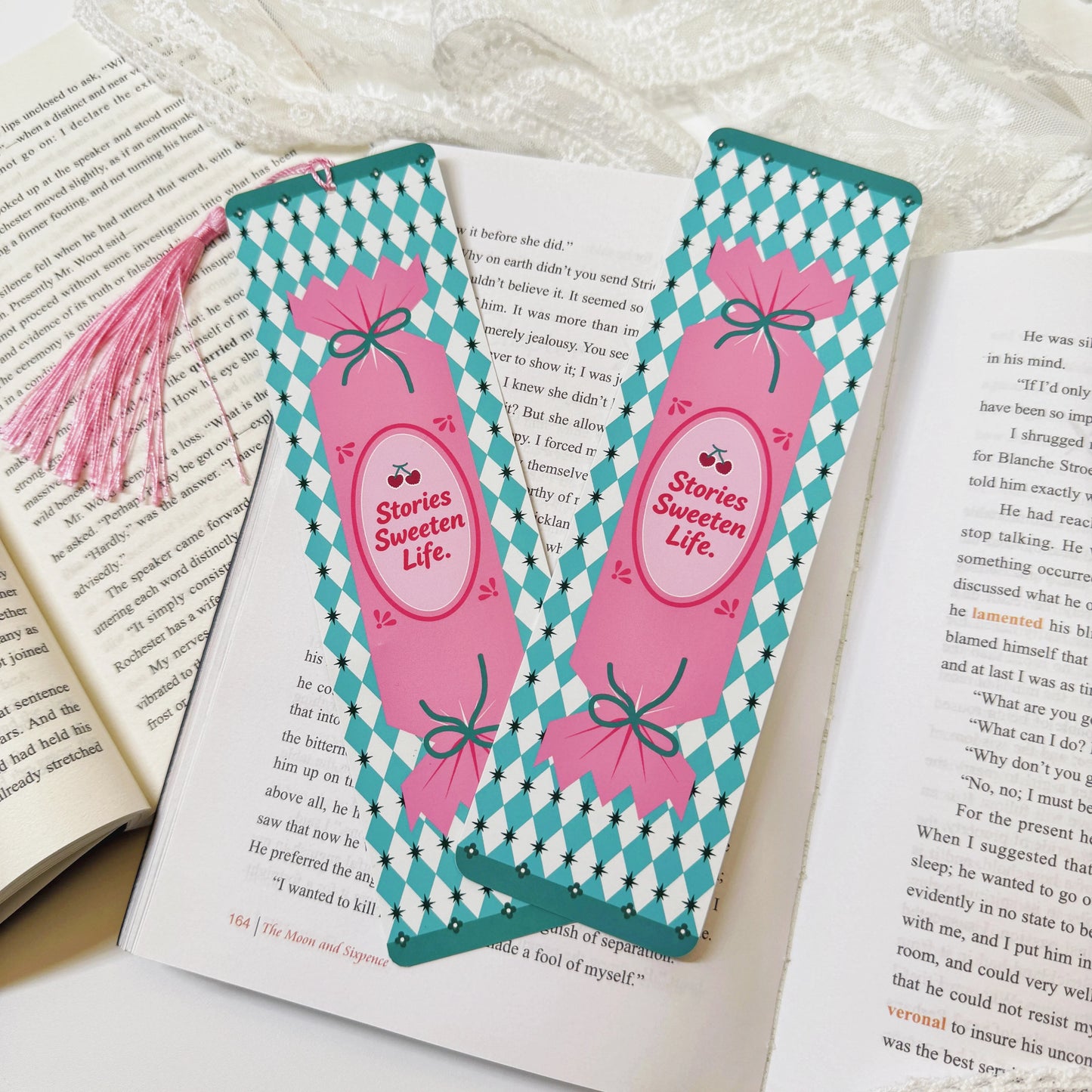 Stories Sweeten Life candy tassel bookmark displayed with coordinating tassel