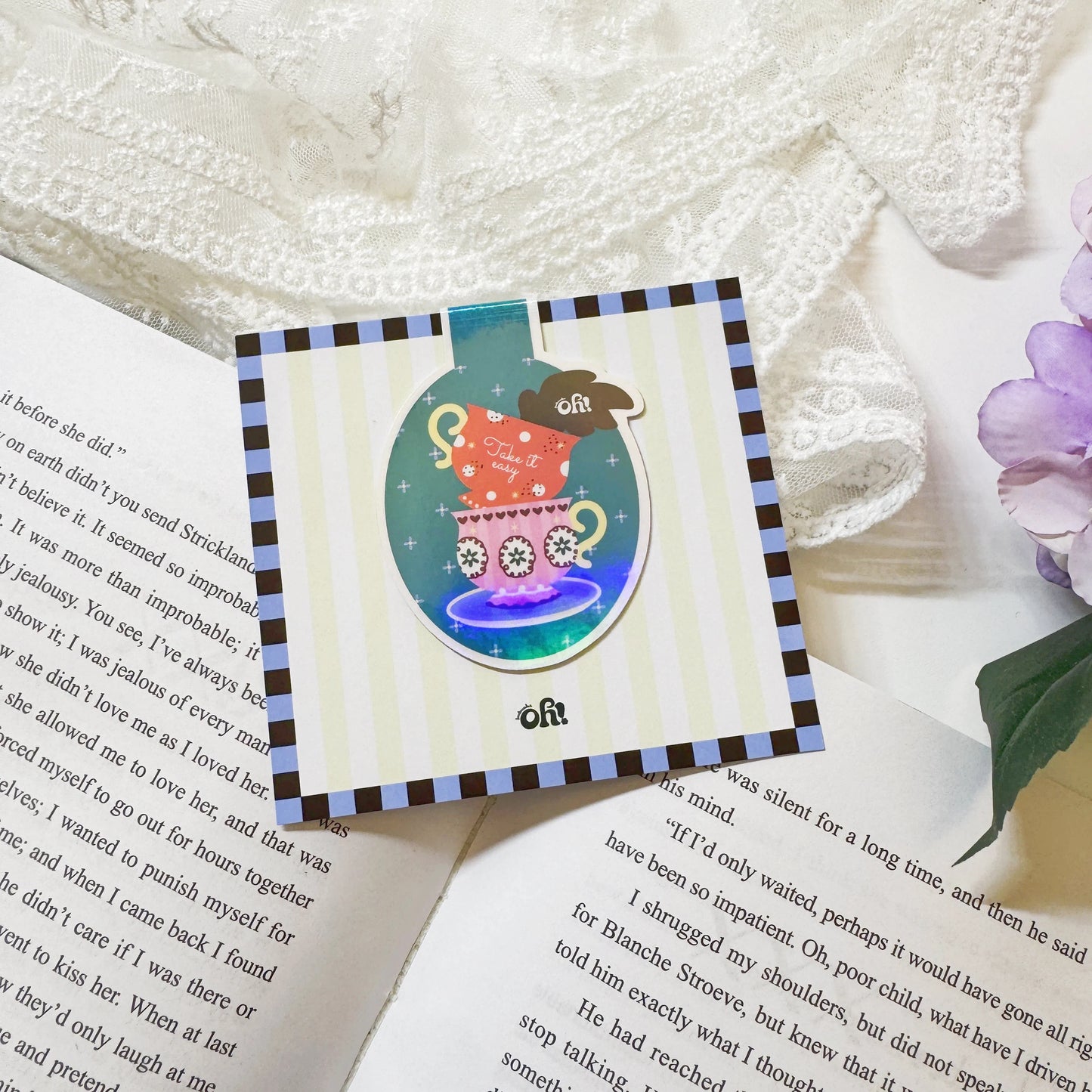 Front and back view of Oh Take It Easy teacup magnetic bookmark