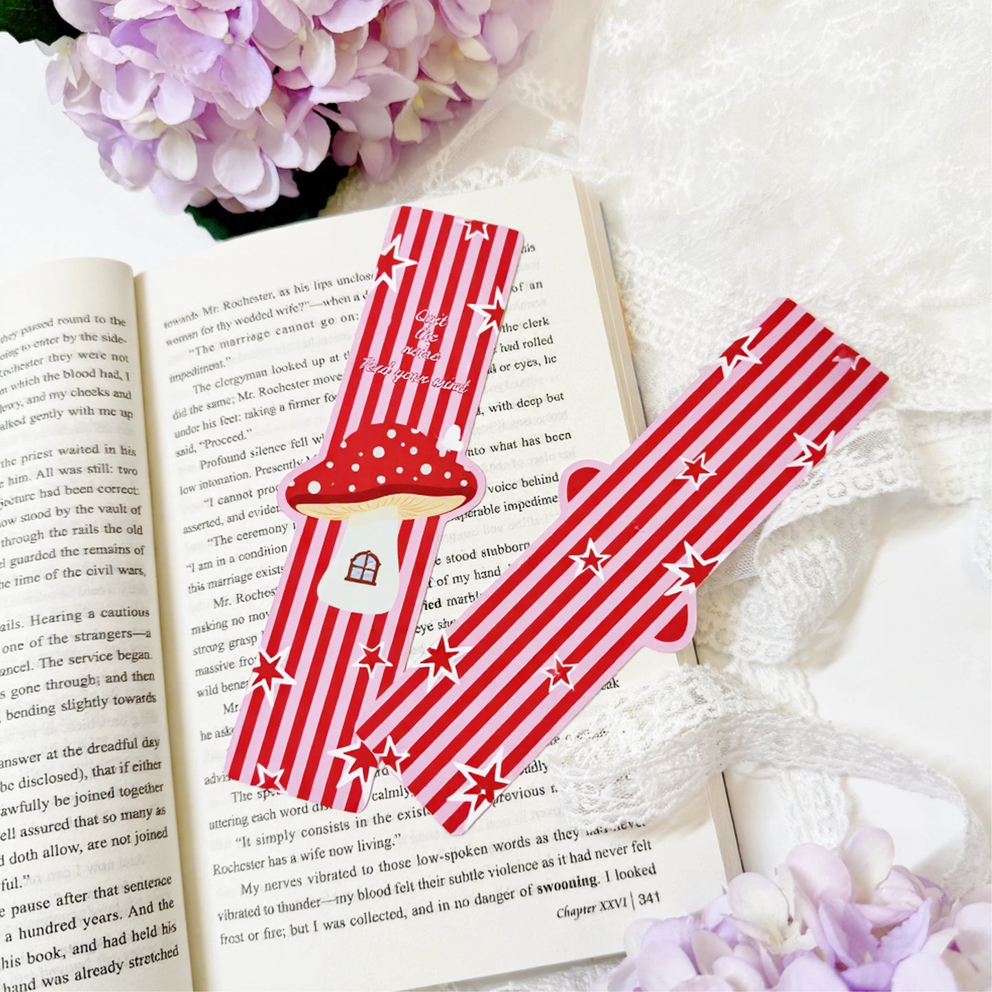 Mushroom house shaped bookmark displayed on an open book page