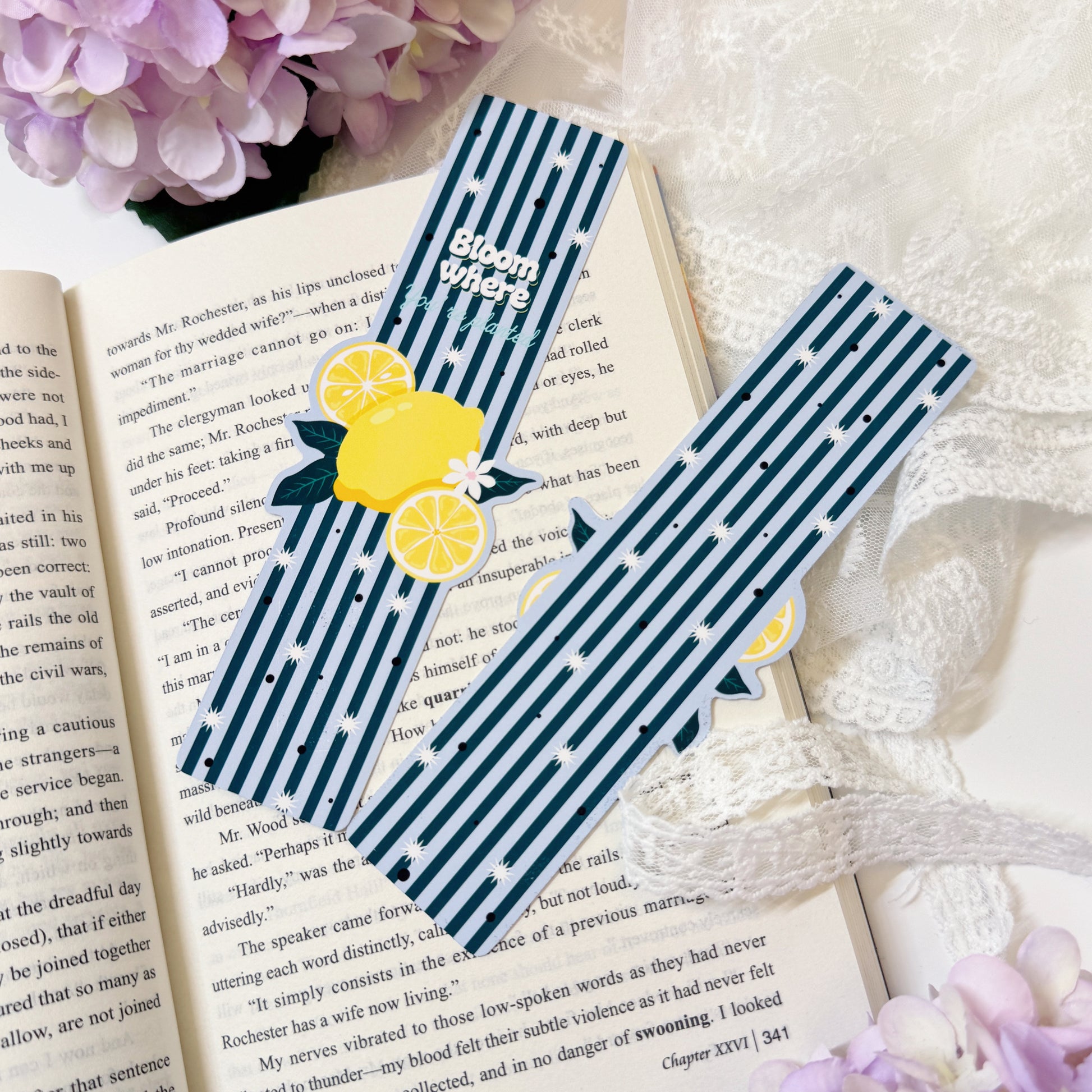 Lemon shaped bookmark displayed on an open book page