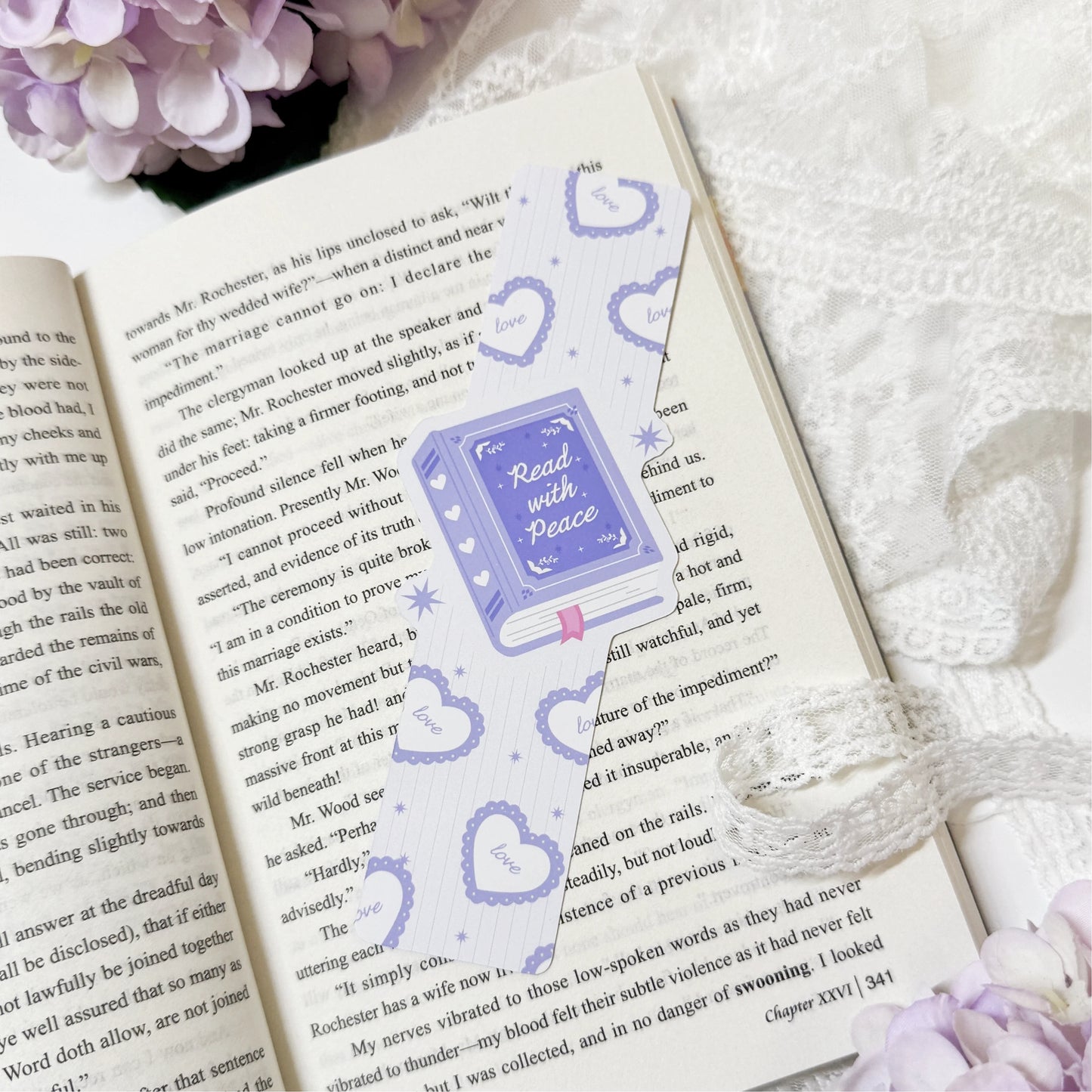 Front and back view of Read With Peace lavender heart bookmark