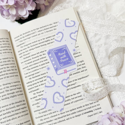 Front and back view of Read With Peace lavender heart bookmark