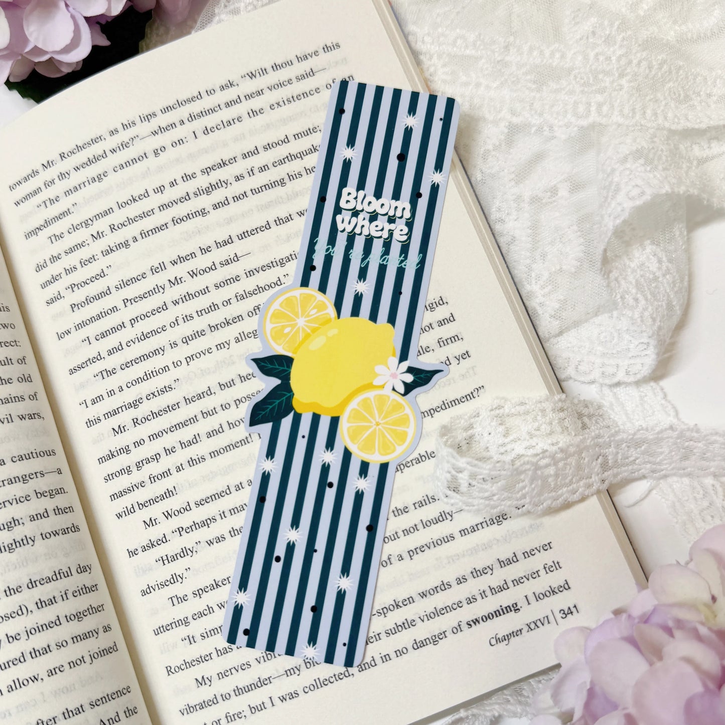 Front and back view of Bloom Where You're Planted lemon bookmark