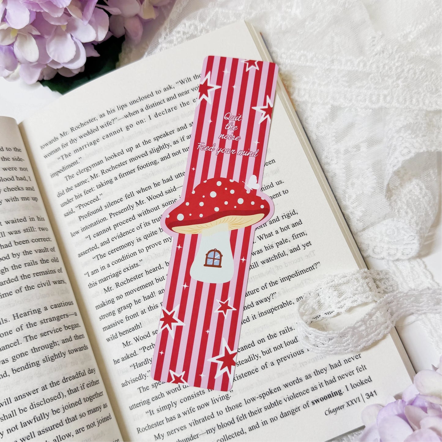 Front and back view of mushroom house shaped bookmark