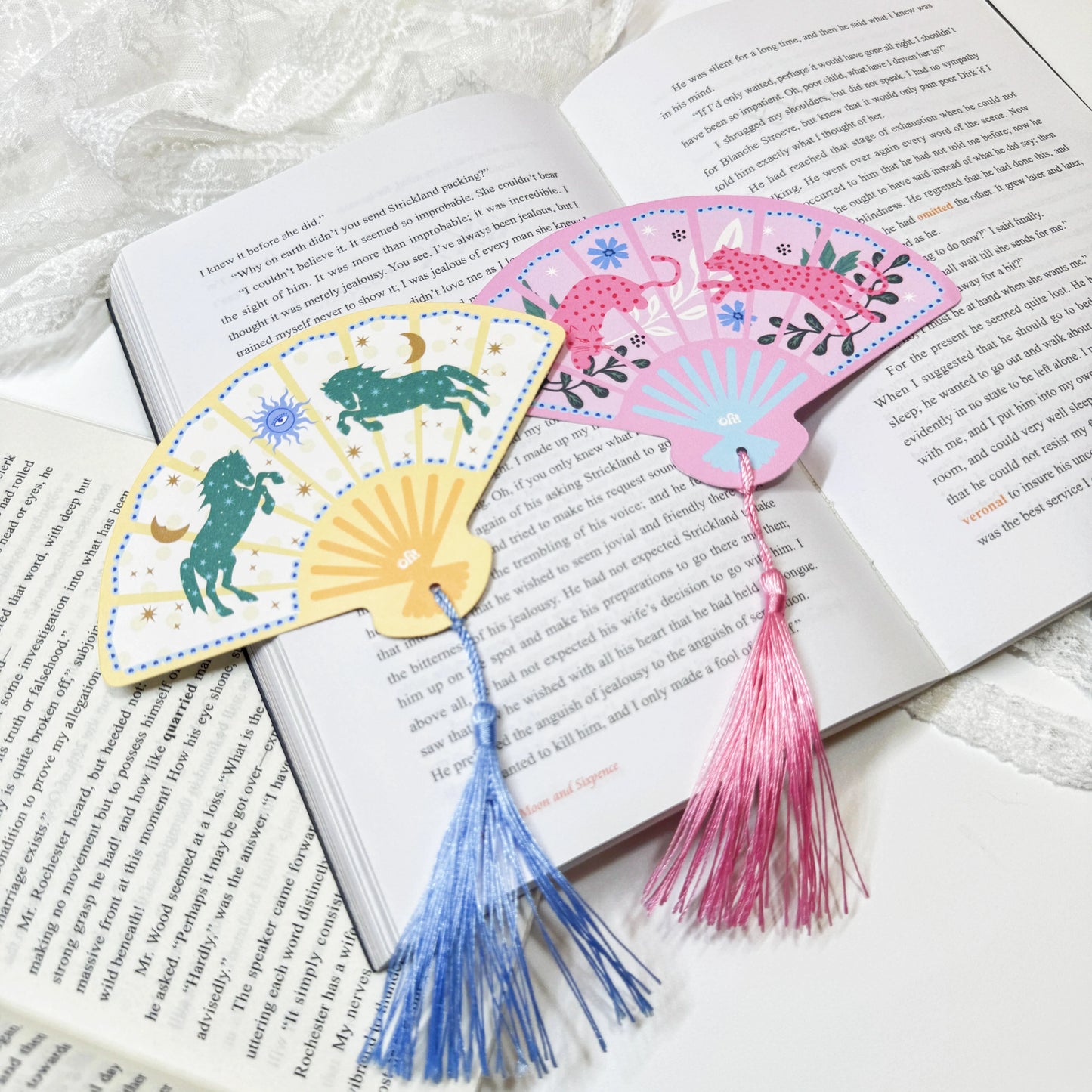 Fan-shaped tassel bookmark shown with finished cut edge
