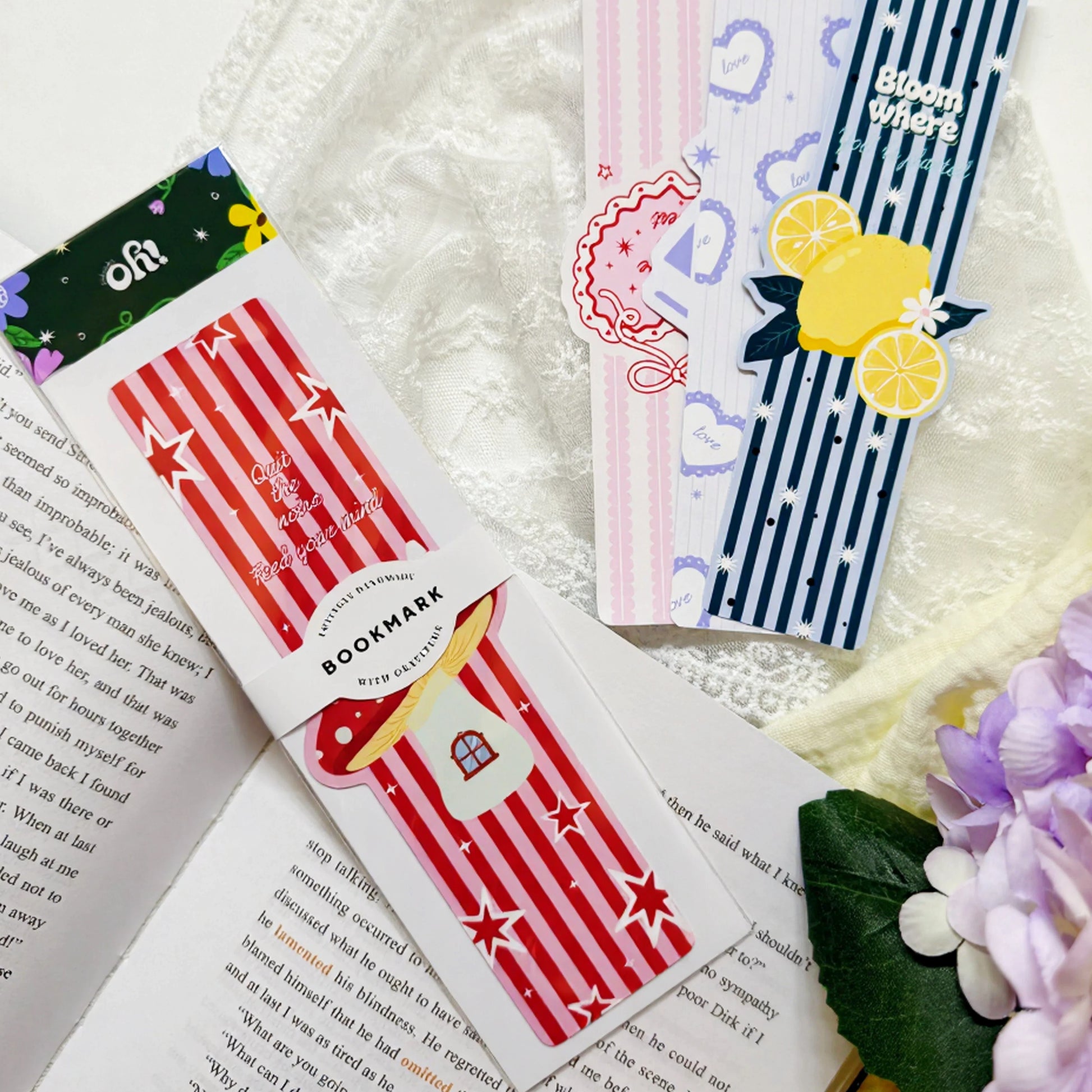 Close-up of red stripe mushroom house bookmark illustration