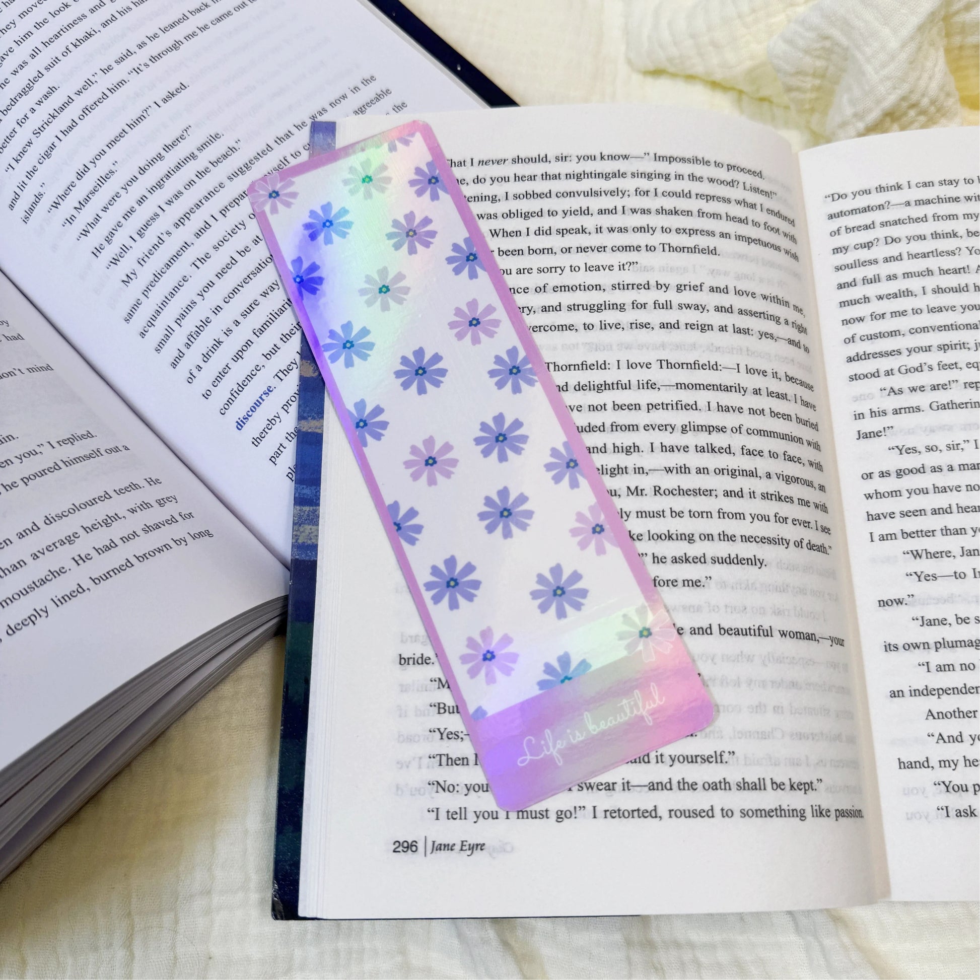 Life Is Beautiful floral bookmark displayed on an open book page