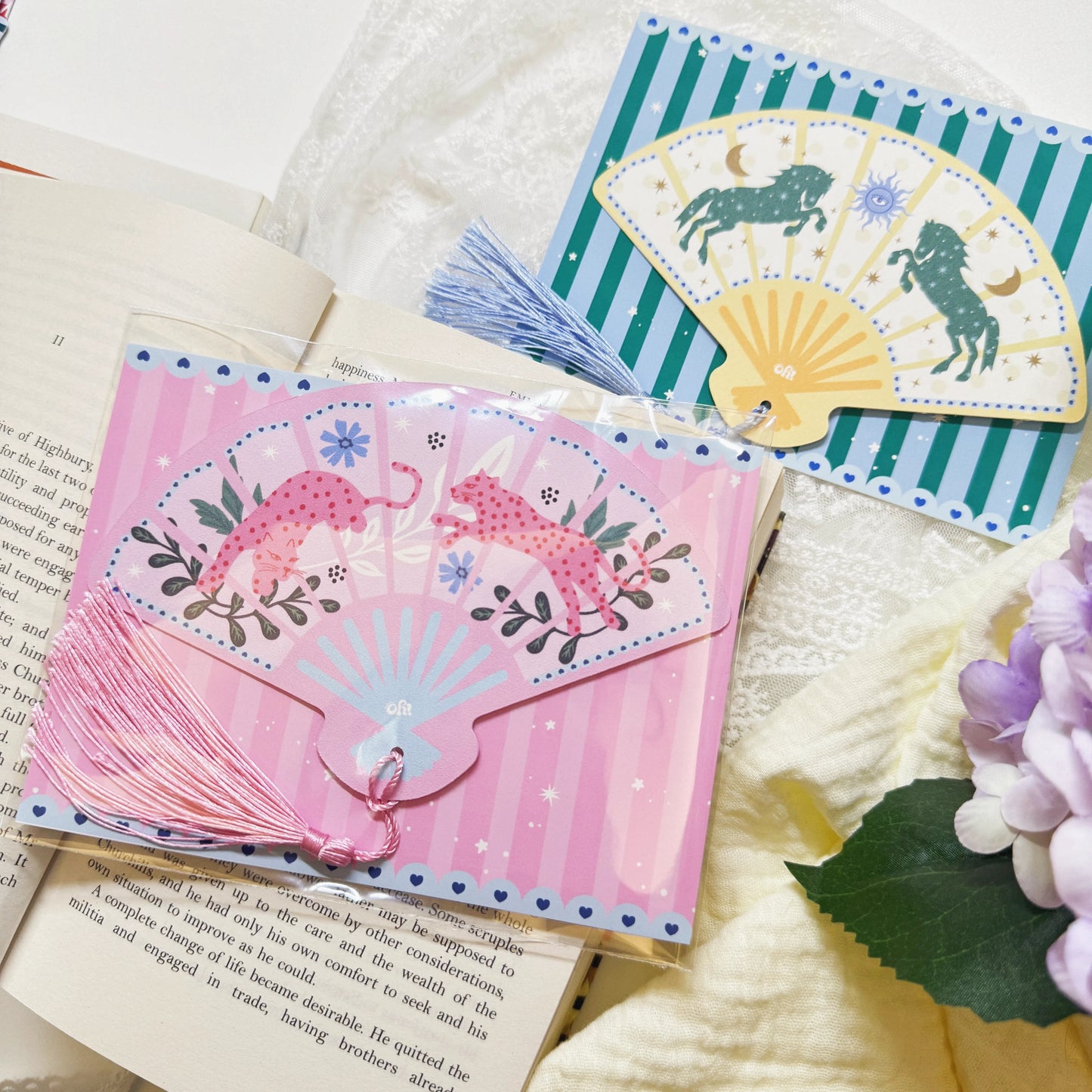 Fan tassel bookmark shown with coordinating tassel detail
