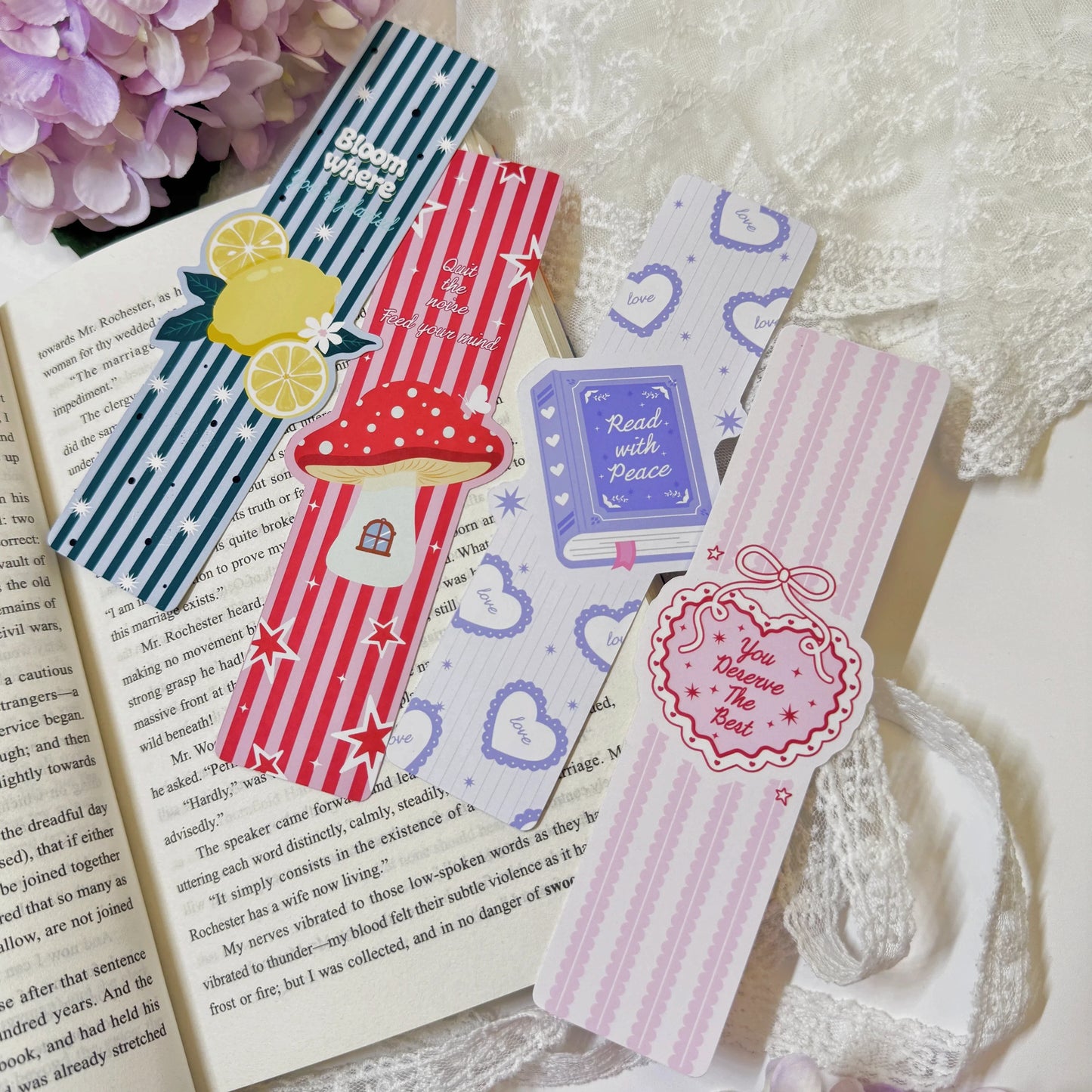 Close-up of pink striped heart bookmark illustration
