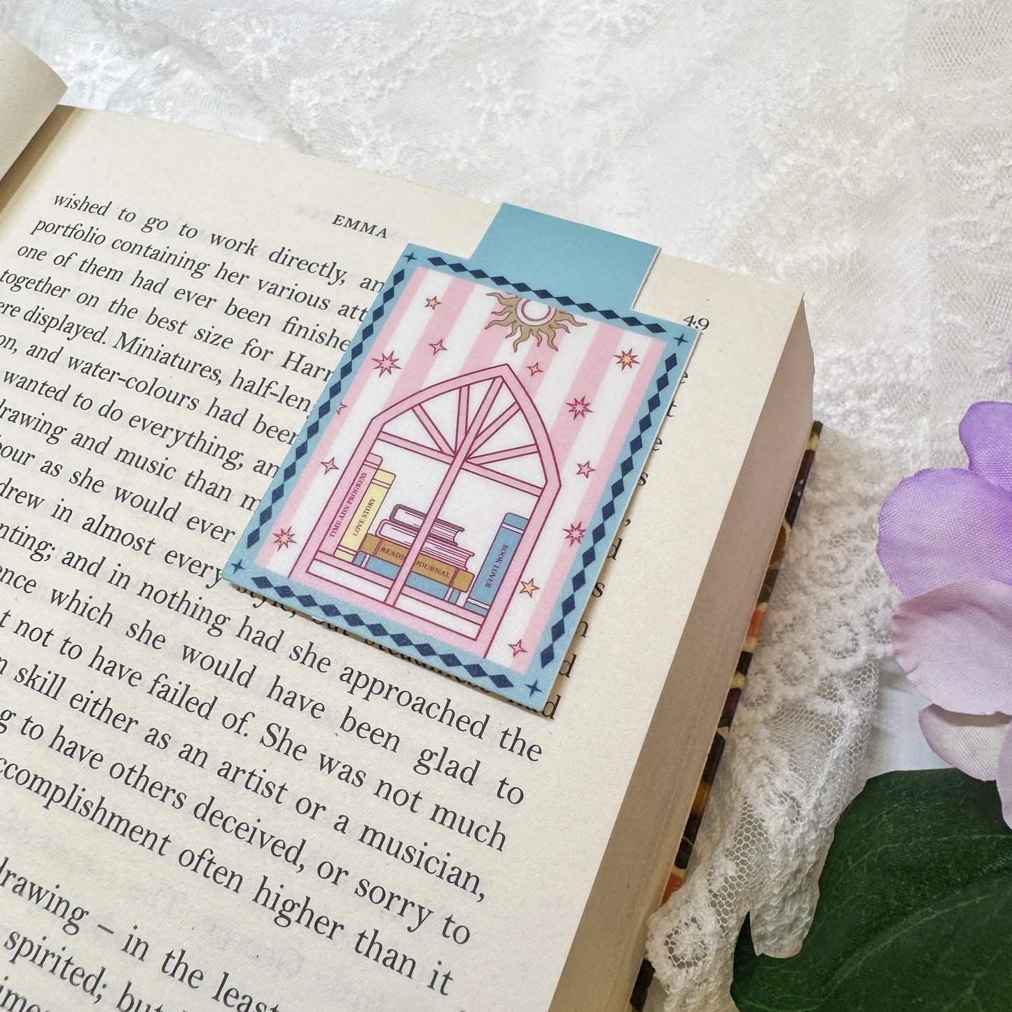 Front and back view of Pink Book Stack magnetic bookmark