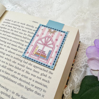 Front and back view of Pink Book Stack magnetic bookmark